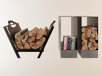 Wooden Logs Stored in Metal Cart and Stone Storage Units with Books 3d model