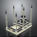 Traditional Mosque Architectural Design With White Blue Domes Tall Minarets And Gold Accents