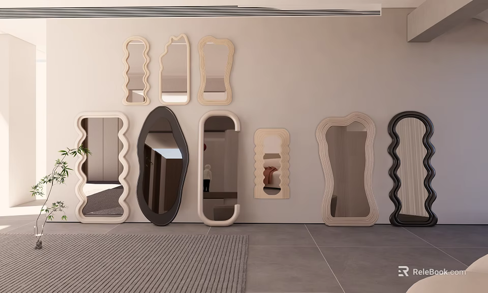 Various Stylish Mirrors with Unique Shapes and Modern Designs on Wall 3d model 