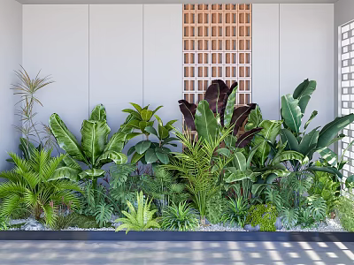 Lush Green Plants Featuring Large Leaves Ferns Banana Leaves White Walls Wooden Grille 3d model