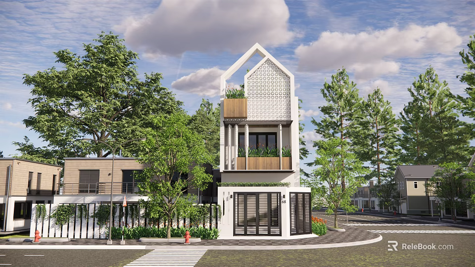 Modern Detached Villa With Contemporary Design Balconies Lush Trees And Paved Driveway 3d model 