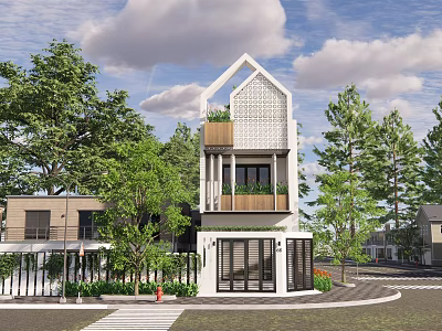 Modern Detached Villa With Contemporary Design Balconies Lush Trees And Paved Driveway 3d model