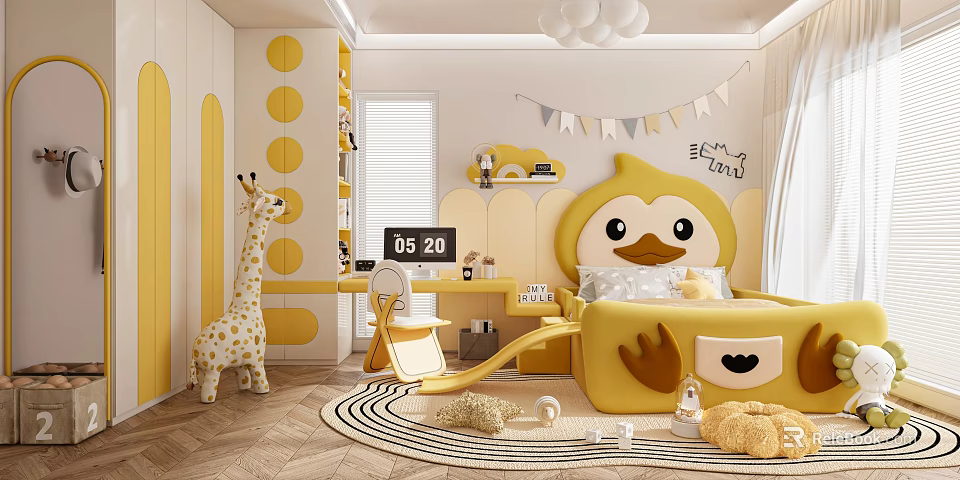 Cheerful Kids Room With Duck Shaped Headboard Slide Giraffe Toy And Polka Dot Walls 3d model 
