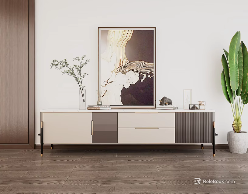 Modern Two Tone TV Stand With Artwork Potted Plant Vase And Decorative Items 3d model 