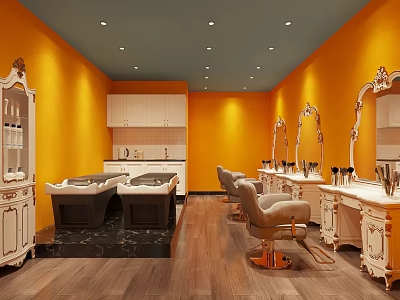 Elegant Beauty Hair Salon Interior With Orange Walls Gray Ceiling White Vanities Mirrors And Chairs 3d model
