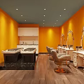 Elegant Beauty Hair Salon Interior With Orange Walls Gray Ceiling White Vanities Mirrors And Chairs