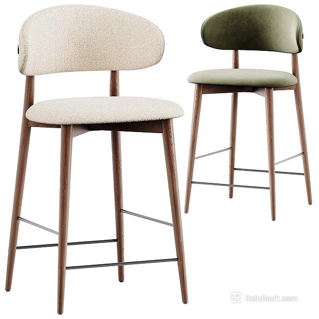 Modern Bar Stools With Beige And Green Upholstered Seats Wooden Legs 3d model 