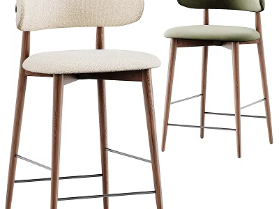 Modern Bar Stools With Beige And Green Upholstered Seats Wooden Legs 3d model