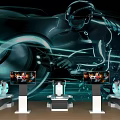 Smart Machines Featuring Illuminated Rings On Display Stands With Futuristic Tech Background 3d model