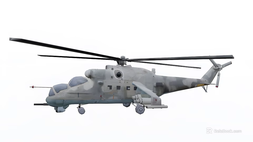 Detailed View Of Military Helicopter With Camouflage Paint Rotors And Weaponry 3d model 