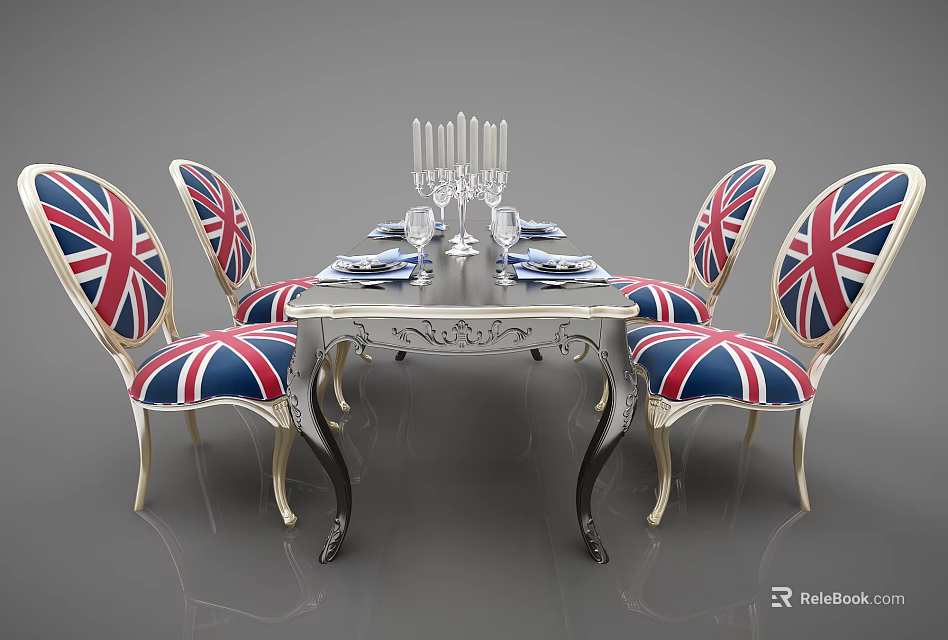 Ornate Dining Set With Union Jack Pattern Chairs Tableware Wine Glasses And Candle Holder 3d model 