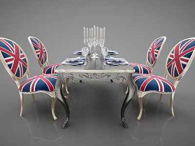 Ornate Dining Set With Union Jack Pattern Chairs Tableware Wine Glasses And Candle Holder 3d model