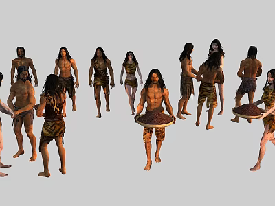 Group of Ancient Primitive Tribal People Wearing Animal Skins Holding Objects and Standing 3d model
