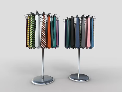 Display Racks with Hanging Colorful Ties in Various Patterns on Metal Stands for Retail 3d model