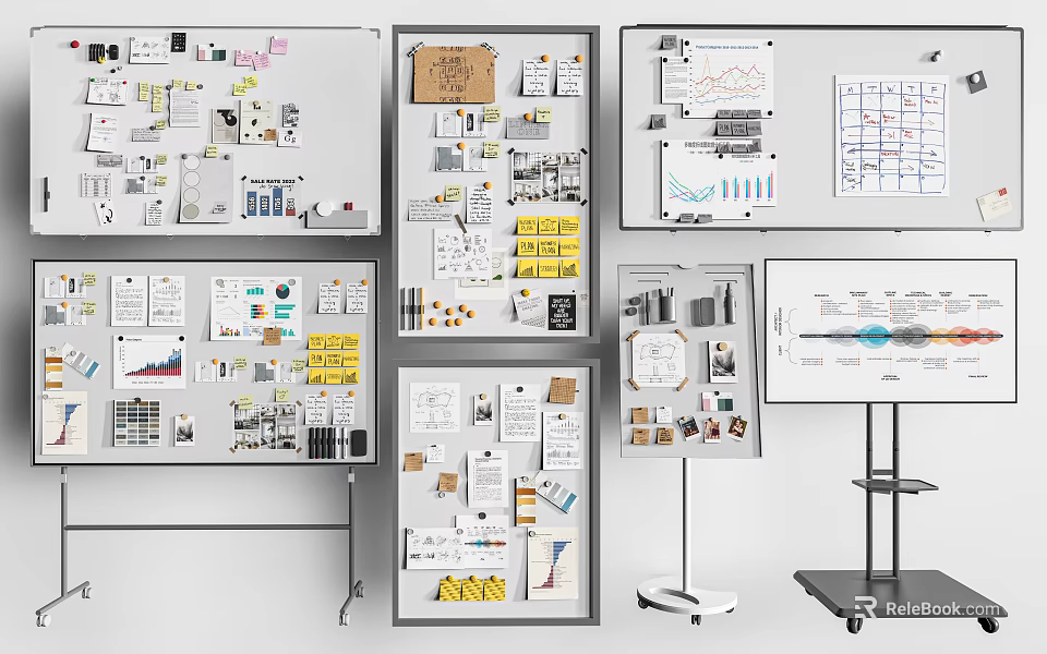 Project Planning Billboards Featuring Design Sketches Data Charts Notes And Diagrams 3d model