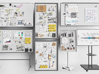 Project Planning Billboards Featuring Design Sketches Data Charts Notes And Diagrams 3d model