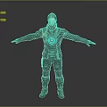 Futuristic Male Character In Metallic Armor With Blue Circular Emblem And Outstretched Arms