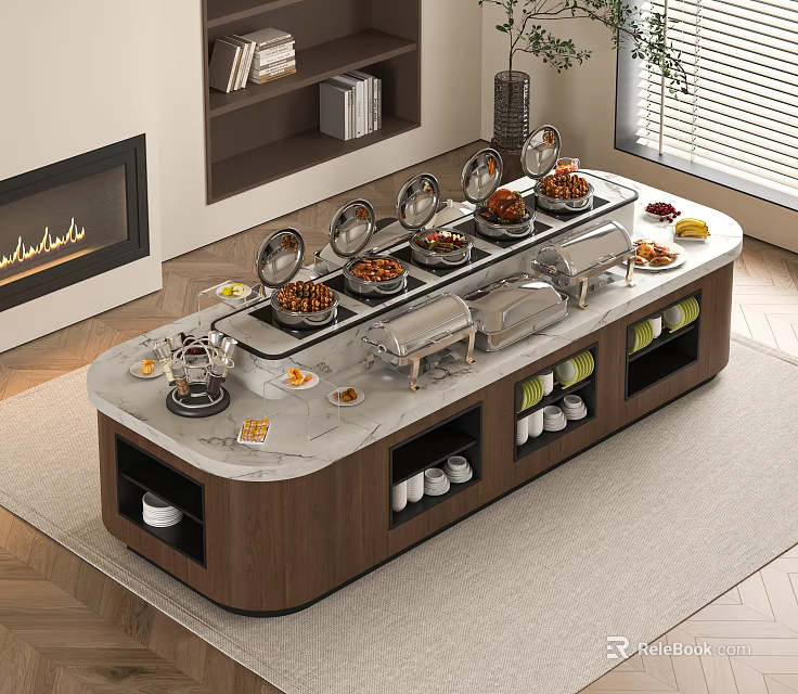 Modern Functional Table With Marble Countertop Chafing Dishes Food Items And Storage Compartments For Cups 3d model 