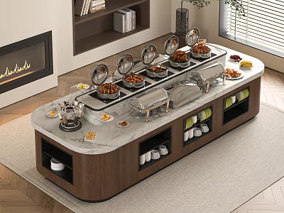 Modern Functional Table With Marble Countertop Chafing Dishes Food Items And Storage Compartments For Cups 3d model