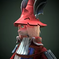 Fantasy Creature Sculptures In Red Robes With Pointed Horned Hats And Staffs On Stone Bases