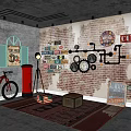 Vintage Decorative Ornament Combination With Brick Wall Clocks Road Signs Bicycle And Wooden Crate