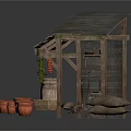 Rustic Wooden Shed With Terracotta Pots Barrels And Sacks