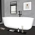 Modern Freestanding White Bathtub With Black Towel Rack Bath Tray And Decorative Painting