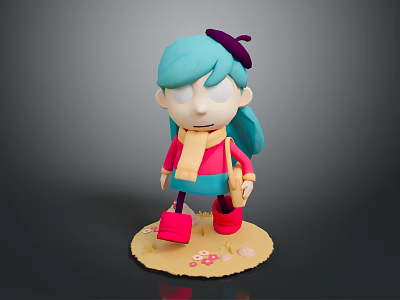 Cartoon Character With Turquoise Hair Purple Beret Pink Top Blue Skirt On Yellow Patterned Base 3d model