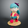 Cartoon Character With Turquoise Hair Purple Beret Pink Top Blue Skirt On Yellow Patterned Base