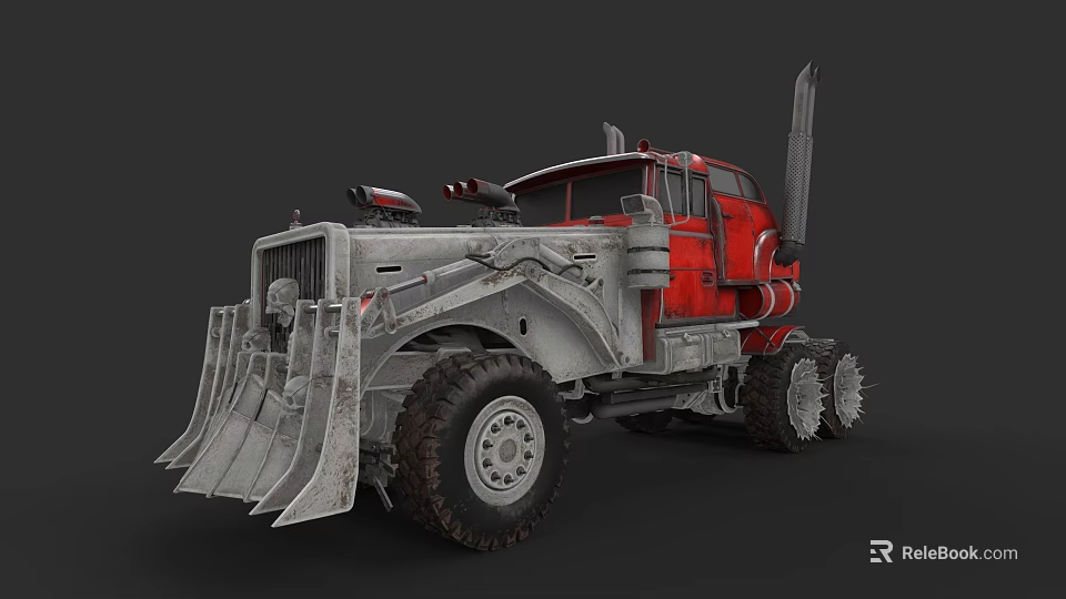 Red And Silver Heavy Duty Truck With Large Tires Front Scoop And Exhaust Pipes 3d model 