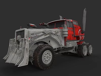 Red And Silver Heavy Duty Truck With Large Tires Front Scoop And Exhaust Pipes 3d model