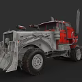 Red And Silver Heavy Duty Truck With Large Tires Front Scoop And Exhaust Pipes