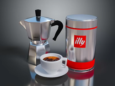 Household Coffee Essentials Stainless Steel Moka Pot Canister And White Cup 3d model