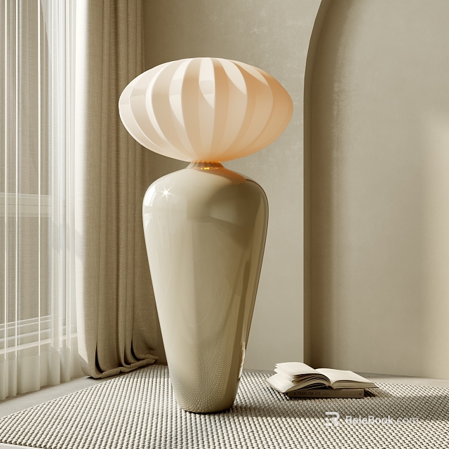 Modern Floor Lamp In Cozy Living Room With Curtains And Open Book 3d model 