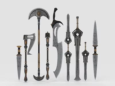 Fantasy Game Inspired Weapons Collection Featuring Axes Swords Daggers And Intricate Designs 3d model