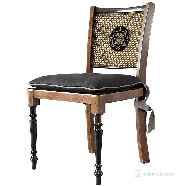 Classic Wooden Dining Chair With Woven Backrest And Black Cushion 3d model 