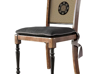 Classic Wooden Dining Chair With Woven Backrest And Black Cushion 3d model