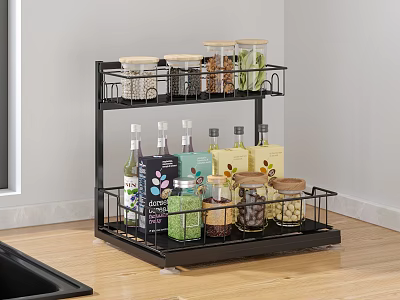 Two Tier Metal Kitchen Organizer With Spice Jars And Condiment Bottles 3d model