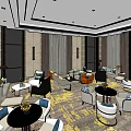 Elegant Hotel Public Lounge Area With Modern Sofas Chairs Tables And Patterned Carpet 3d model