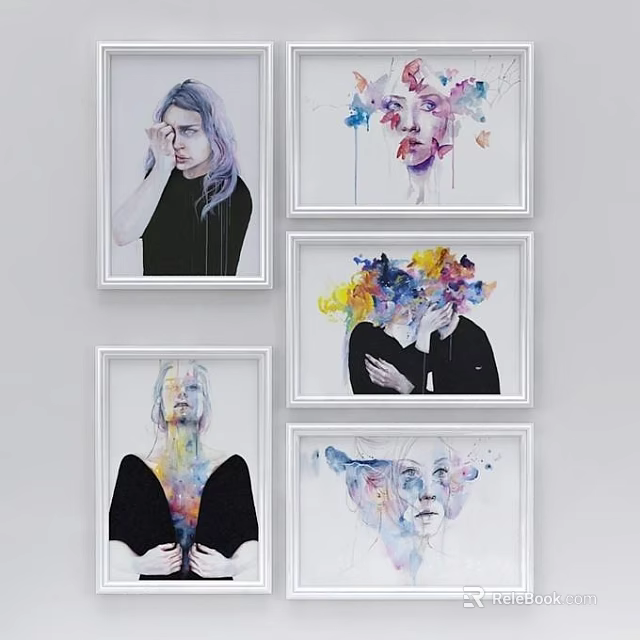 Framed Abstract Portrait Paintings With Vibrant Colors And Human Figures Hanging On Wall 3d model 