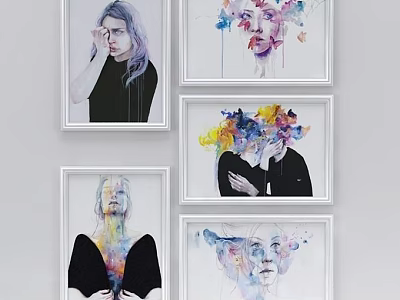 Framed Abstract Portrait Paintings With Vibrant Colors And Human Figures Hanging On Wall 3d model