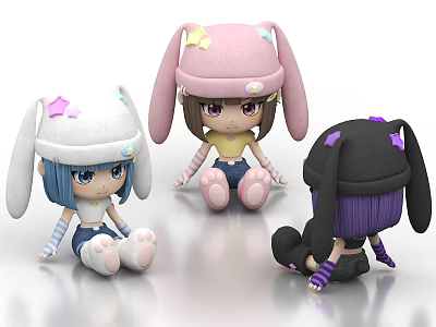 Cute Rabbit Ears Dolls in Pink White Black with Blue Brown Purple Hair and Outfits 3d model