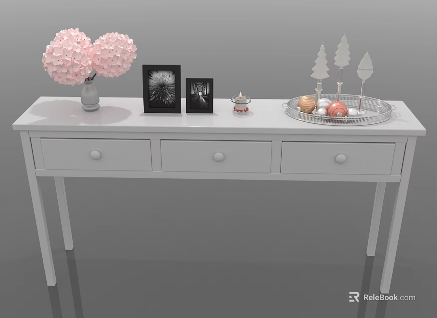 White Console Table With Pink Flower Bouquet Photo Frames Decorative Tray And Small Ornaments 3d model 