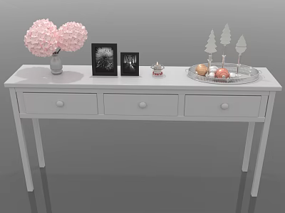 White Console Table With Pink Flower Bouquet Photo Frames Decorative Tray And Small Ornaments 3d model