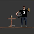 Man Standing On Wooden Plank Platform With Round Table Metal Canister And Red Stool