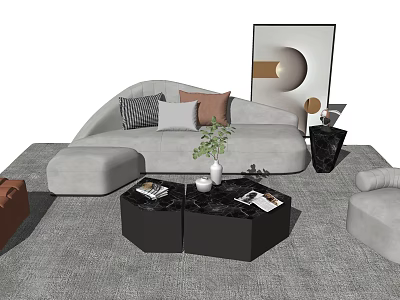 Modern Gray Upholstered Sofa with Decorative Pillows and Black Marble Hexagonal Coffee Table Set 3d model