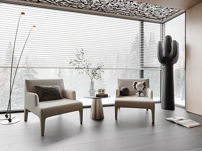 Leisure Sofa Set with Beige Armchairs Small Round Table Floor Lamp and Cactus Decoration 3d model