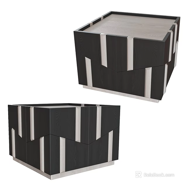 Modern Geometric Nightstand Design With Black Wood And White Decorative Lines Structure 3d model 