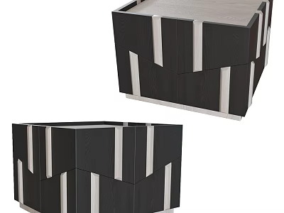 Modern Geometric Nightstand Design With Black Wood And White Decorative Lines Structure 3d model