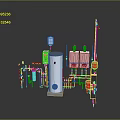 Industrial Equipment Setup With Cylindrical Tanks Pipes Valves And Colored Components